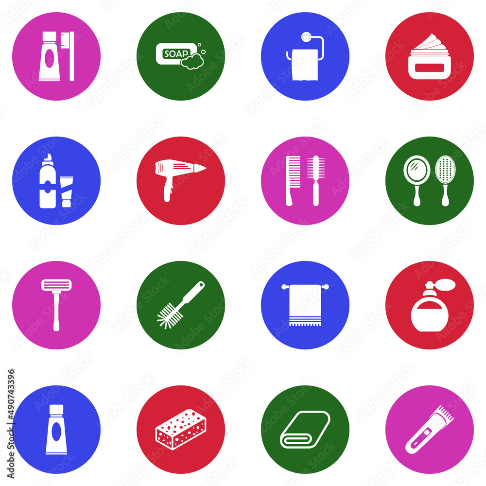 Bathroom Accessories Icons. White Flat Design In Circle. Vector Illustration.