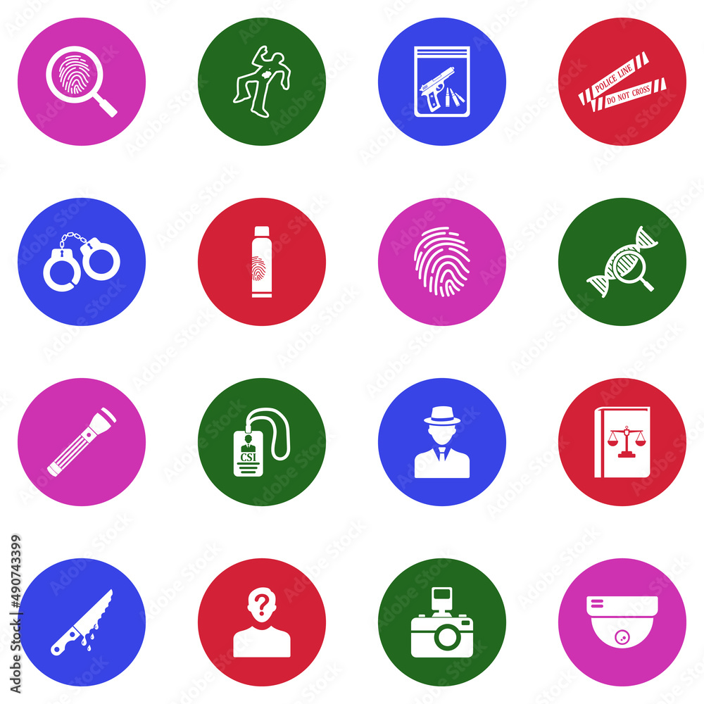 Crime Investigation Icons. White Flat Design In Circle. Vector Illustration. Crime Investigation Icons. White Flat Design In Circle. Vector Illustration.