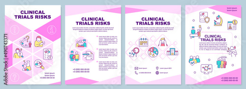 Clinical trials risks pink brochure template. Side effects. Leaflet design with linear icons. 4 vector layouts for presentation, annual reports. Arial-Black, Myriad Pro-Regular fonts used