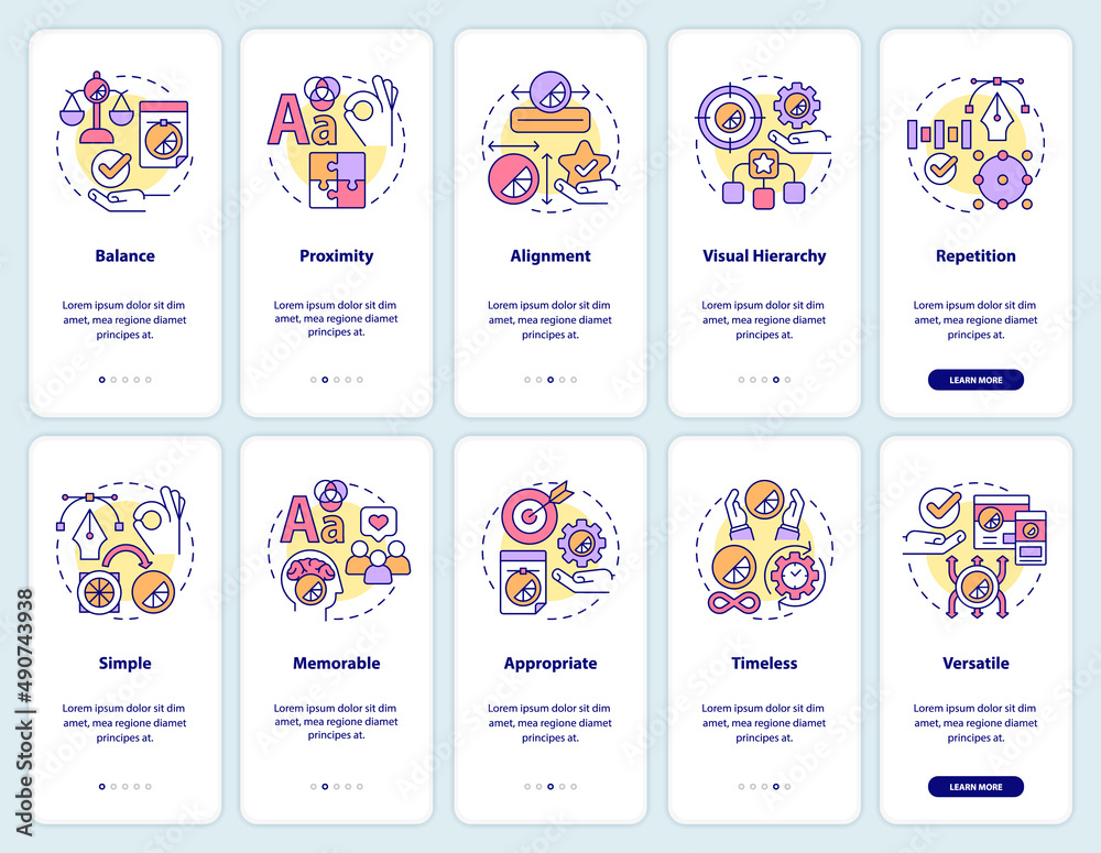 Design principles onboarding mobile app screen set. Visual content walkthrough 5 steps graphic instructions pages with linear concepts. UI, UX, GUI template. Myriad Pro-Bold, Regular fonts used