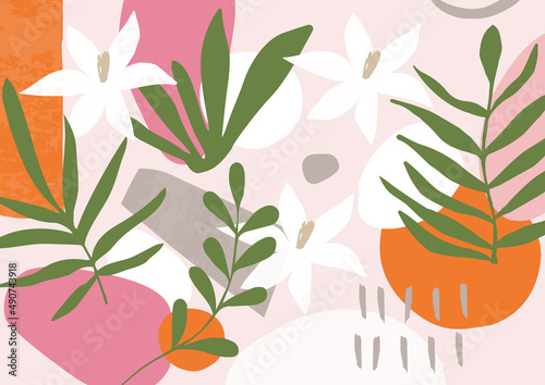 Botanical poster vector illustration. Foliage drawing with abstract shapes. Leaves, ferns and flowers art print. Abstract nature and plants design for background, wallpaper, card, wall art