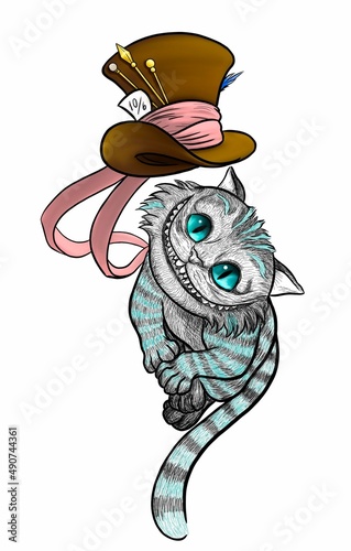 Принти на полотні Grey cat in blue stripes with a hat in the style of graphics