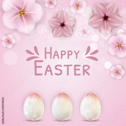Easter poster template with 3d realistic Easter eggs. Template for advertising, poster, flyer, greeting card. Illustration © olegganko
