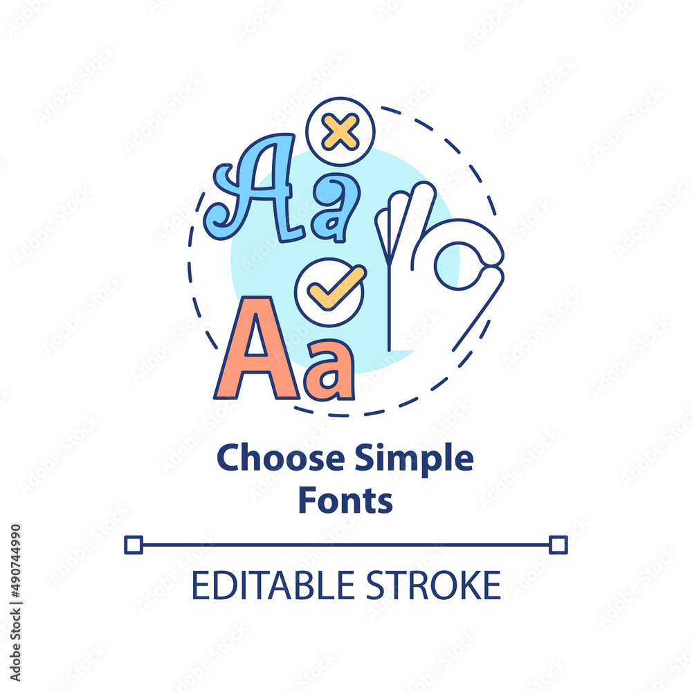 Choose simple fonts concept icon. Text for business style. Graphic design rules abstract idea thin line illustration. Isolated outline drawing. Editable stroke. Arial, Myriad Pro-Bold fonts used Choose simple fonts concept icon. Text for business style. Graphic design rules abstract idea thin line illustration. Isolated outline drawing. Editable stroke. Arial, Myriad Pro-Bold fonts used