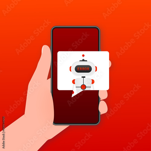 Error chatbot glyph icon. Silhouette symbol. Talkbot with error in speech bubble. Error bot. Artificial intelligence