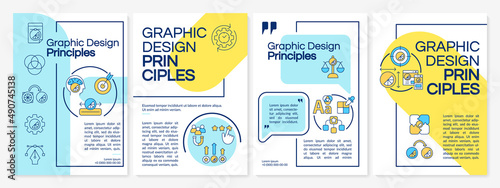 Graphic design principles blue and yellow brochure template. Content production. Leaflet design with linear icons. 4 vector layouts for presentation, annual reports. Questrial, Lato-Regular fonts used © bsd studio