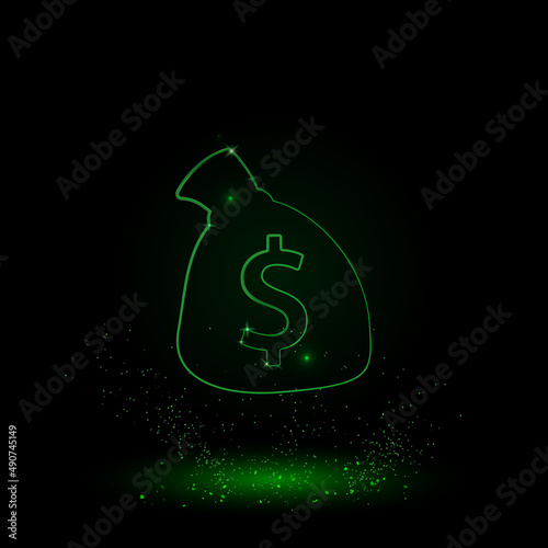 A large green outline bag of money symbol on the center. Green Neon style. Neon color with shiny stars. Vector illustration on black background