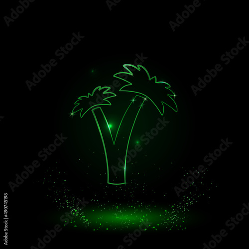 A large green outline palm trees symbol on the center. Green Neon style. Neon color with shiny stars. Vector illustration on black background