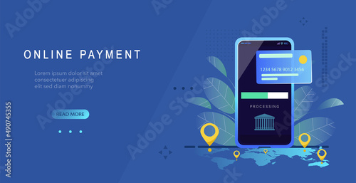 Internet banking application web banner template. Online transaction security payment with credit card, NFC technology. Smartphone with credit card. Wireless cash transactions flat style illustration.