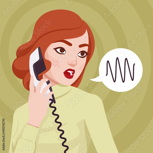 Woman talking on phone, beautiful ginger lady portrait with retro tube. Smart red haired modern female social media profile picture. Vector flat style creative illustration, speech bubble