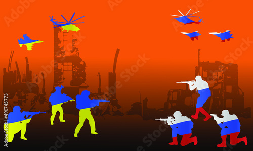 Ukrainian and Russian military forces are at war. against the background of war-damaged buildings