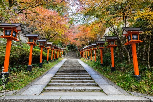 A lantern lined path with stairs leading up the the Kurama-dere Temple north of Kyoto  Japan