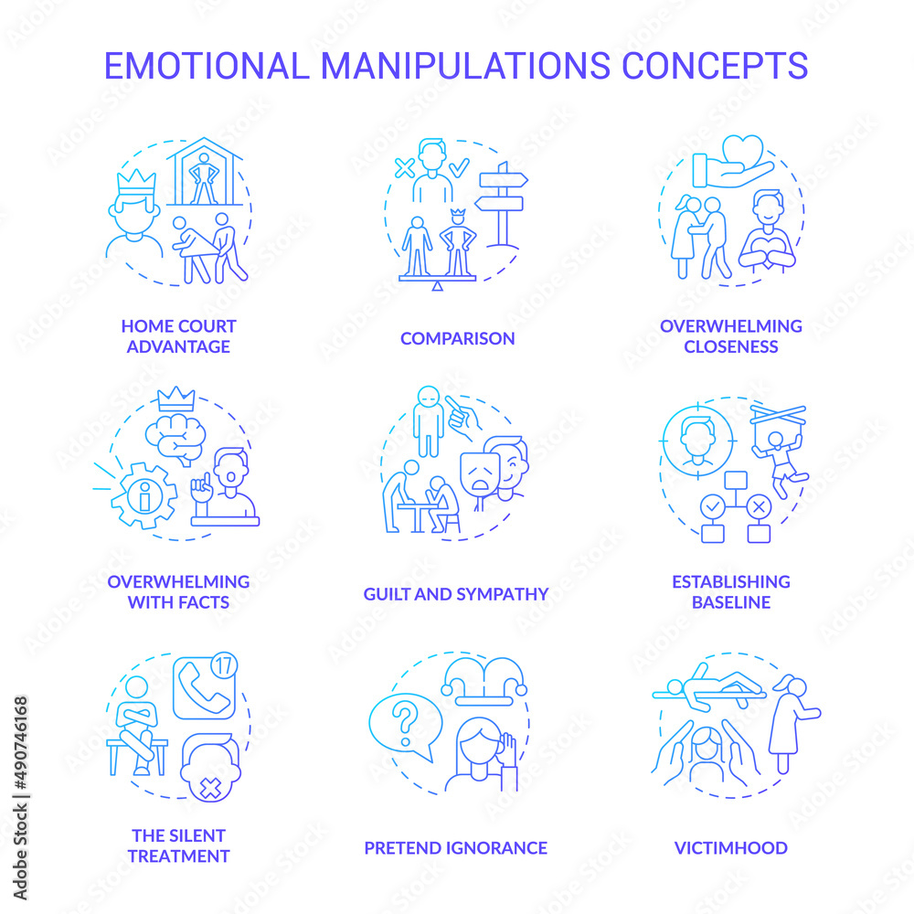 Emotional manipulations blue gradient concept icons set. Silent treatment idea thin line color illustrations. Guilt and sympathy. Isolated symbols. Roboto-Medium, Myriad Pro-Bold fonts used