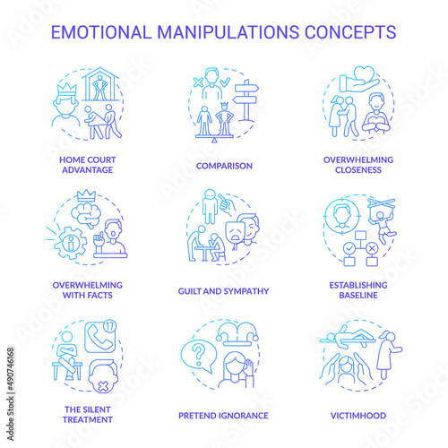 Emotional manipulations blue gradient concept icons set. Silent treatment idea thin line color illustrations. Guilt and sympathy. Isolated symbols. Roboto-Medium, Myriad Pro-Bold fonts used