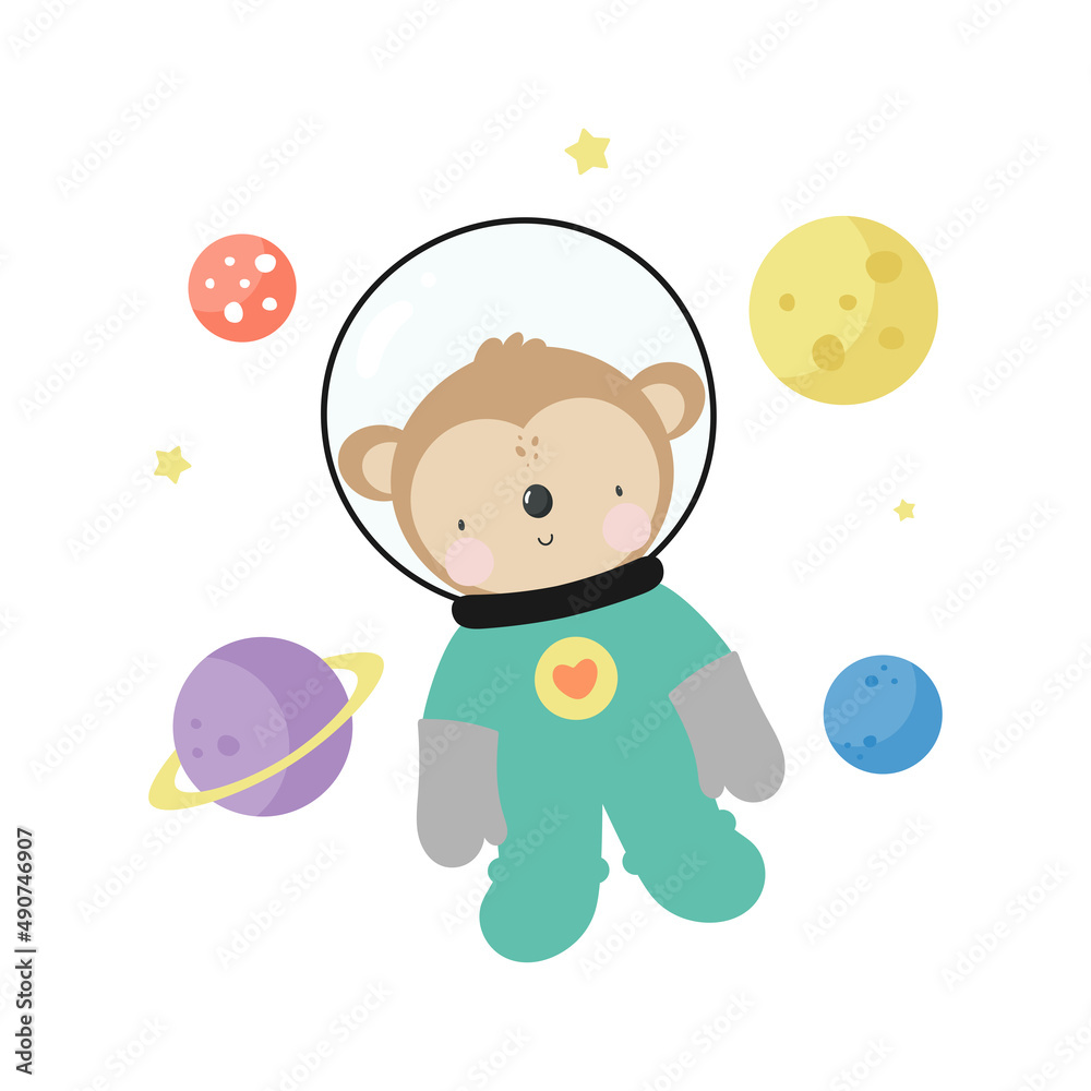 Space collection. Vector illustration in cartoon style . Monkey cosmonaut, planets, stars. For kids stuff, card, posters, banners, children books and print for clothes, t shirt, icons. Space collection. Vector illustration in cartoon style . Monkey cosmonaut, planets, stars. For kids stuff, card, posters, banners, children books and print for clothes, t shirt, icons.