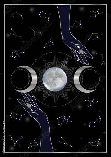 Hands blessing a magic ritual- Pagan dark forces invocation with moon and constellations