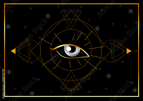 Esoteric Third Eye of providence in magical orbs and triangles in space