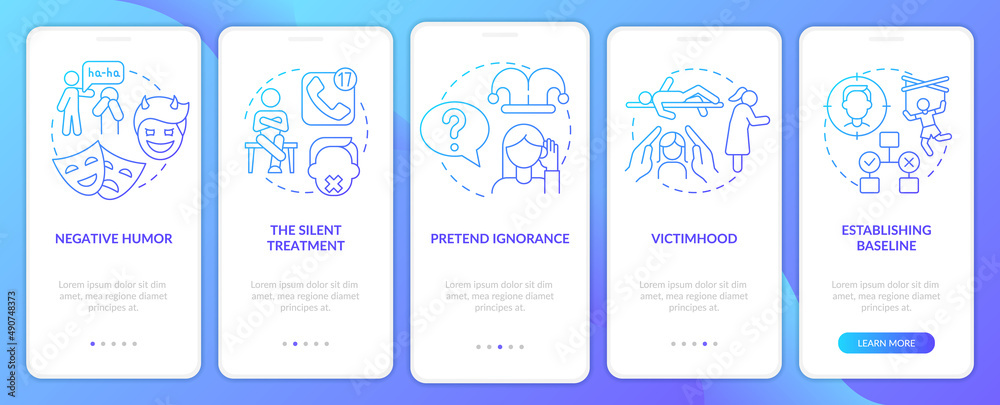 Emotional manipulation cases blue gradient onboarding mobile app screen. Walkthrough 5 steps graphic instructions pages with linear concepts. UI, UX, GUI template. Myriad Pro-Bold, Regular fonts used