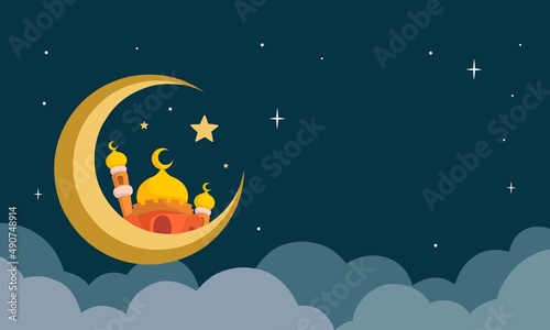 Ramadan Kareem or Eid greeting card template. Vector graphic illustration. Mosque design concept with crescent and star in flat design cartoon style, Perfect for banner or poster.