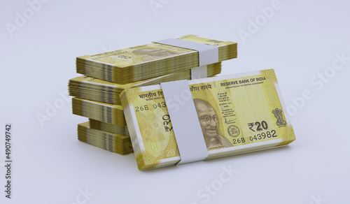 Indian Rupee 20 INR Currency Note Bundles - 3D Illustration photo