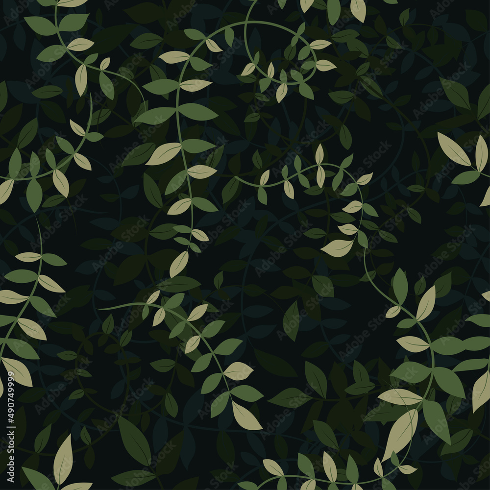 Green seamless pattern, vine plant with leaves overlay with shadows. Vector illustration. Green seamless pattern, vine plant with leaves overlay with shadows. Vector illustration.