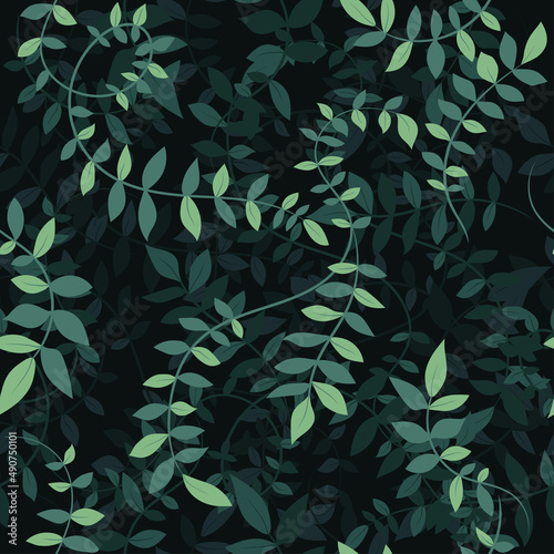 Seamless green leaves vine plant pattern in layers with shadows. Floral leaf overlay on brunch of climber plant. Suitable for wallpaper, wrapping, textile printing and backgrounds