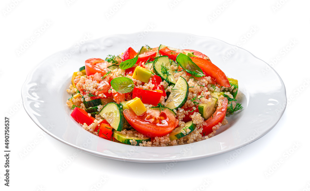 Salad with quinoa and fresh vegetables in a white plate is isolated on a white background. Salad with quinoa and fresh vegetables in a white plate is isolated on a white background.