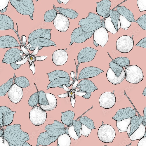 Lemons. Seamless bright light pattern with fresh lemons for fabric  label drawing  T-shirt printing  nursery wallpaper  fruit background. 