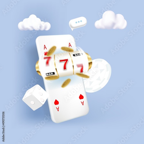 Online mobile casino background. Casino online concept. Smart phone with chips and cards. photo