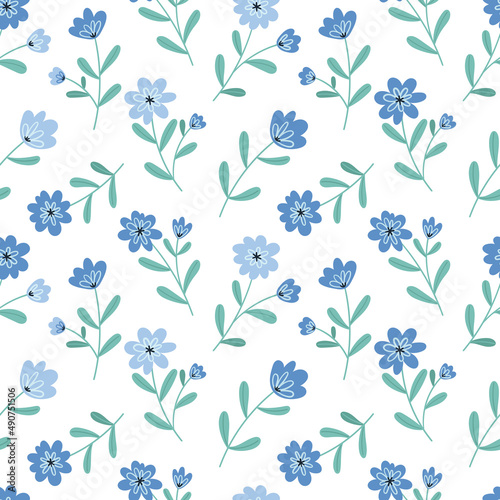Seamless floral pattern with simple spring flowers on a white background.