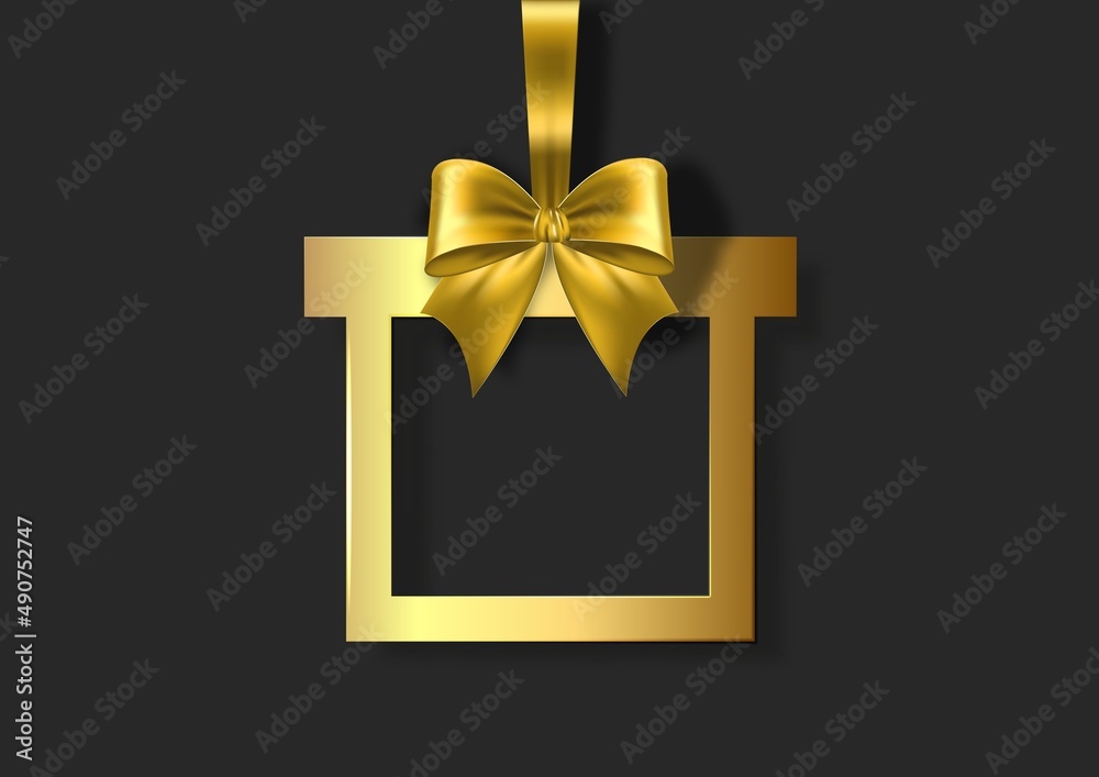 Christmas holiday card with frame and gold bow.