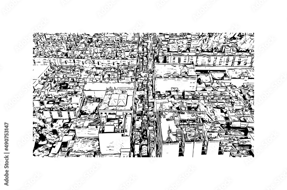 Building view with landmark of Mexico is the 
country in North America. Hand drawn sketch illustration in vector.