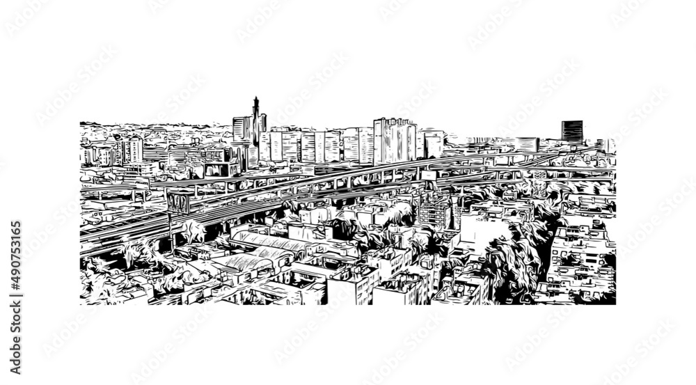 Building view with landmark of Mexico is the 
country in North America. Hand drawn sketch illustration in vector.