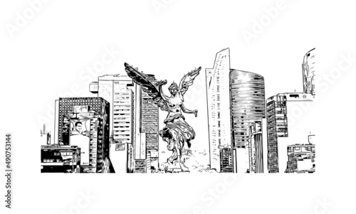 Building view with landmark of Mexico is the 
country in North America. Hand drawn sketch illustration in vector.
