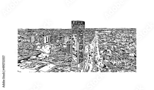 Building view with landmark of Mexico is the 
country in North America. Hand drawn sketch illustration in vector.