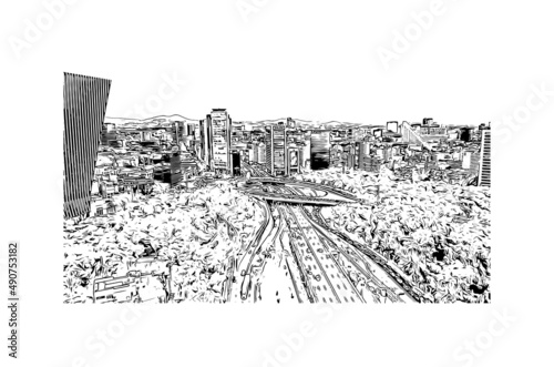 Building view with landmark of Mexico is the 
country in North America. Hand drawn sketch illustration in vector.