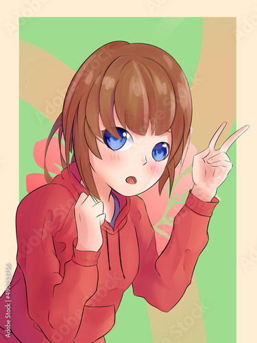 Anime girl with brown hair shows peace sign. She has blue hair and a red blouse with a flower in the background