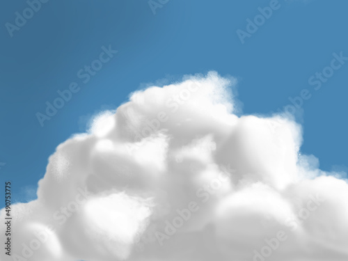 A white cloud flies in the blue sky. It is big, the wind inflates its edges. 2d illustration.