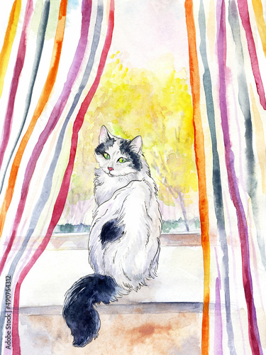 A white cat with black spots sits on the windowsill. Cat painted in watercolor. The cat sits on a window with striped curtains.