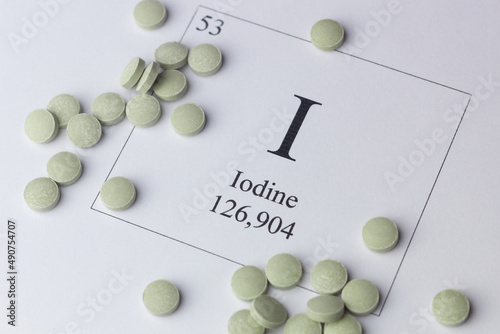 Closeup of iodine pills and periodic table.