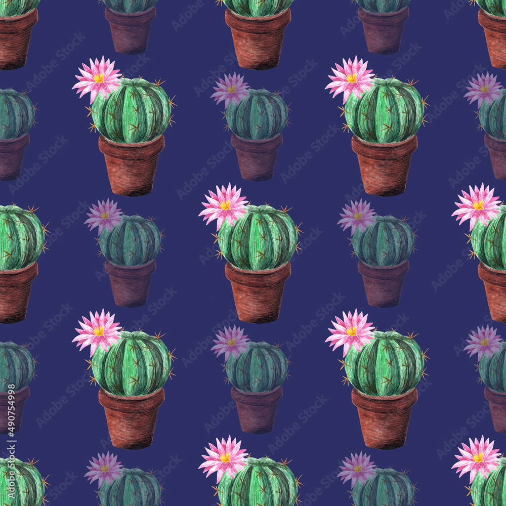 Seamless watercolor pattern of cactuses in brown pots on a dark blue background. Blooming cactus with pink flower and orange thorns in a brown pot. Seamless watercolor pattern of cactuses in brown pots on a dark blue background. Blooming cactus with pink flower and orange thorns in a brown pot.