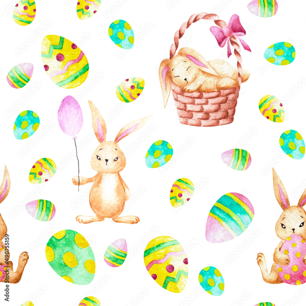 Hand drawn watercolor seamless pattern with bunnies and multicolored ester eggs on white background. Aquarelle design elements for party and print fabric, invitation and decorations Hand drawn watercolor seamless pattern with bunnies and multicolored ester eggs on white background. Aquarelle design elements for party and print fabric, invitation and decorations