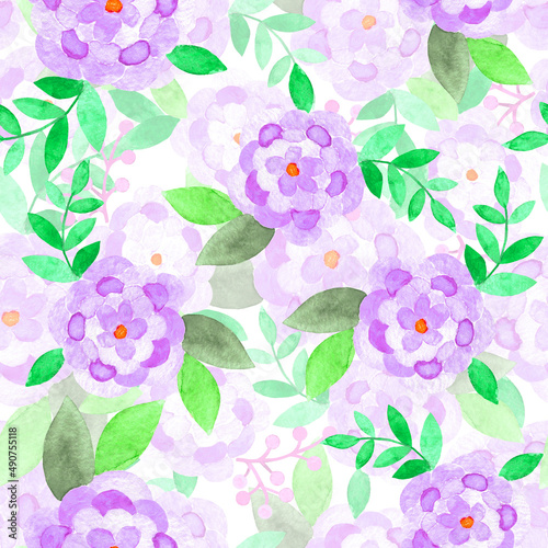 Watecolor seamless pattern made of cute bright pink flowers in white background, wrapping paper and fabric pattern