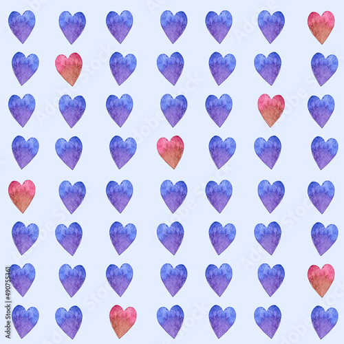 Hand drawn watercolor seamless pattern with ordered little red and purple hearts.Decorating elements for web design or printing textile, greeting cards for Valentine's Day, anniversary and dating