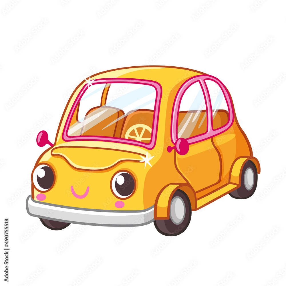 Beautiful cute yellow car in cartoon style. Vector illustration with