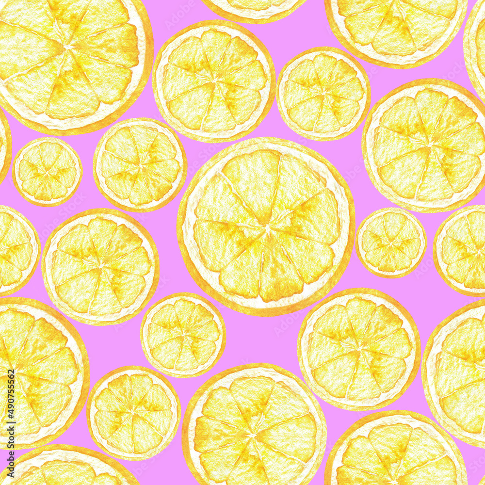 Hand drawn round slices of juicy yellow lemon seamless pattern on pink. Summer backgrounds with citrus fruits for decoration