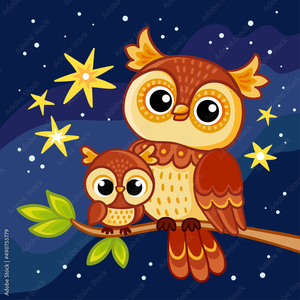 Obraz premium Cute owl with her cub sits on a branch against the backdrop of a starry night sky. Vector illustration in cartoon style.