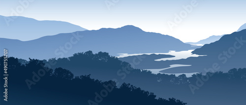 Beautiful realistic vector landscape with forests, mountains and lakes in blue colors.