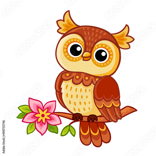 Cute owl sits on a branch with a flower. Vector illustration with a bird in a cartoon style.