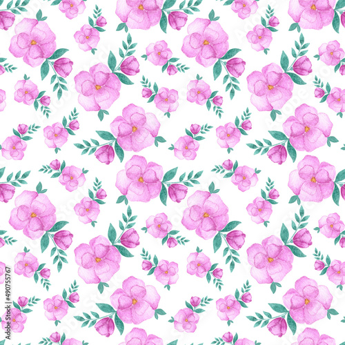 Fototapeta Naklejka Na Ścianę i Meble -  Watercolor seamless floral botanical pattern on white background. summer pattern aquarelle ornament as web design element